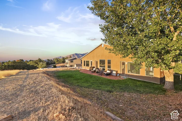 Expansive backyard with a manicured lawn, mature tree, and a brick patio