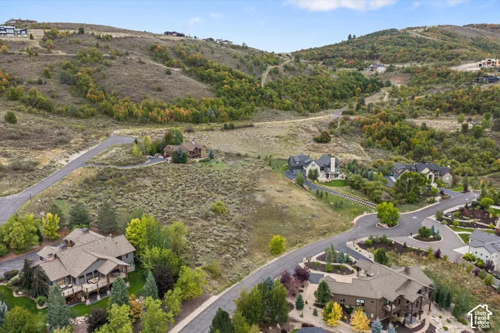 Rolling hills with scattered trees, paved roads, and residential properties