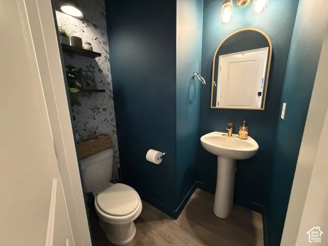 Pedestal sink with gold-finish faucet, arched mirror with gold-tone frame, and wall-mounted light fixture