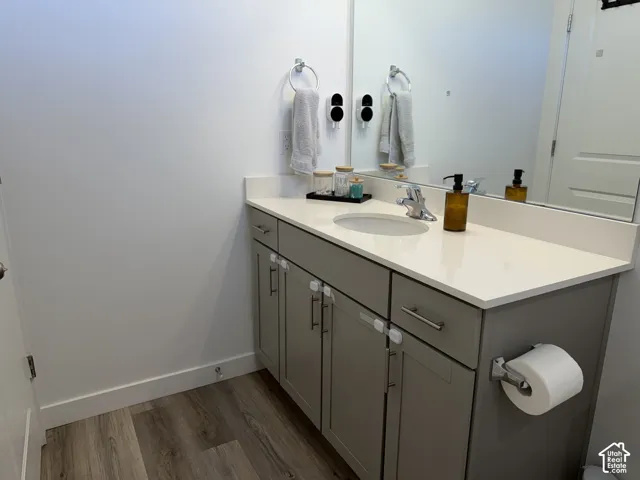 Vanity with a light-toned countertop, integrated sink, and gray cabinetry