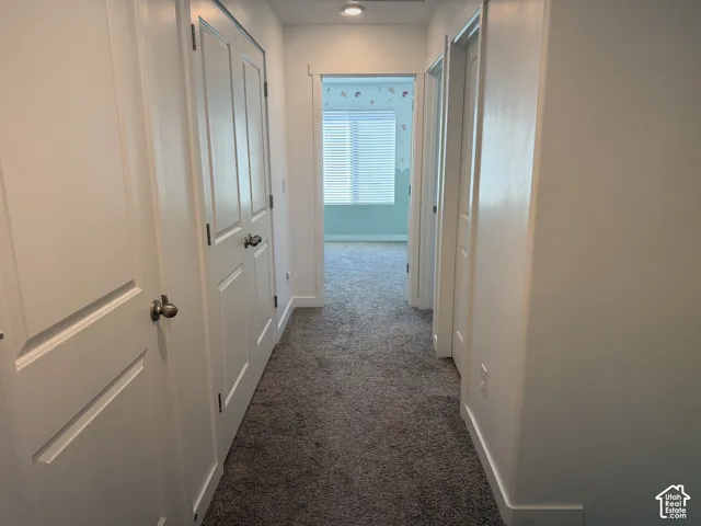 Recessed ceiling lighting illuminates a carpeted hallway with white paneled doors and brushed nickel hardware