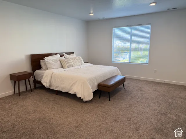 Plush carpeting, recessed lighting, and a large window with blinds