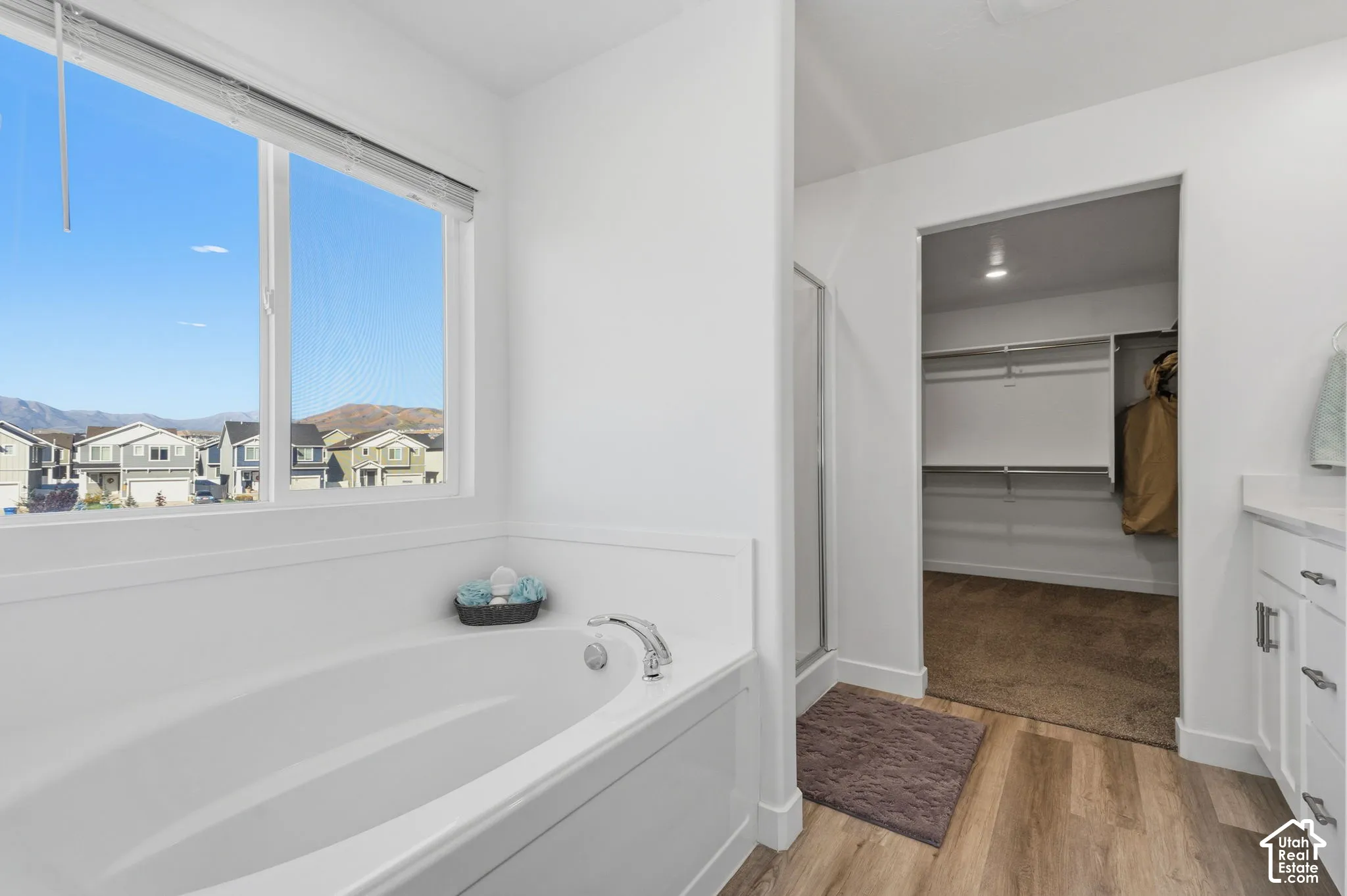 Primary Bath with soaking tub and seperate glass-enclosed shower, walk-in closet with built-in shelving, and a vanity with a stone countertop