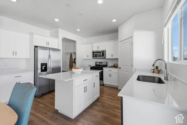 Bright kitchen featuring white cabinetry, stainless steel appliances, a center island and ample natural light