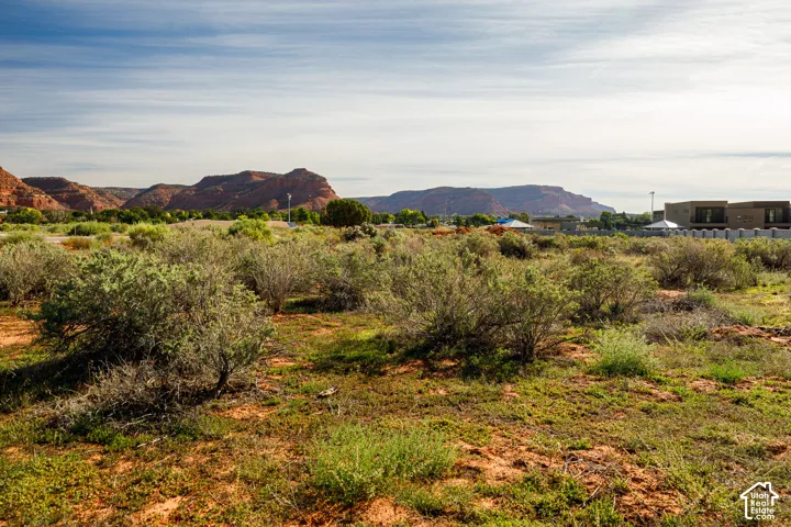 Expansive desert landscape with scattered green vegetation and distant natural red rock formations