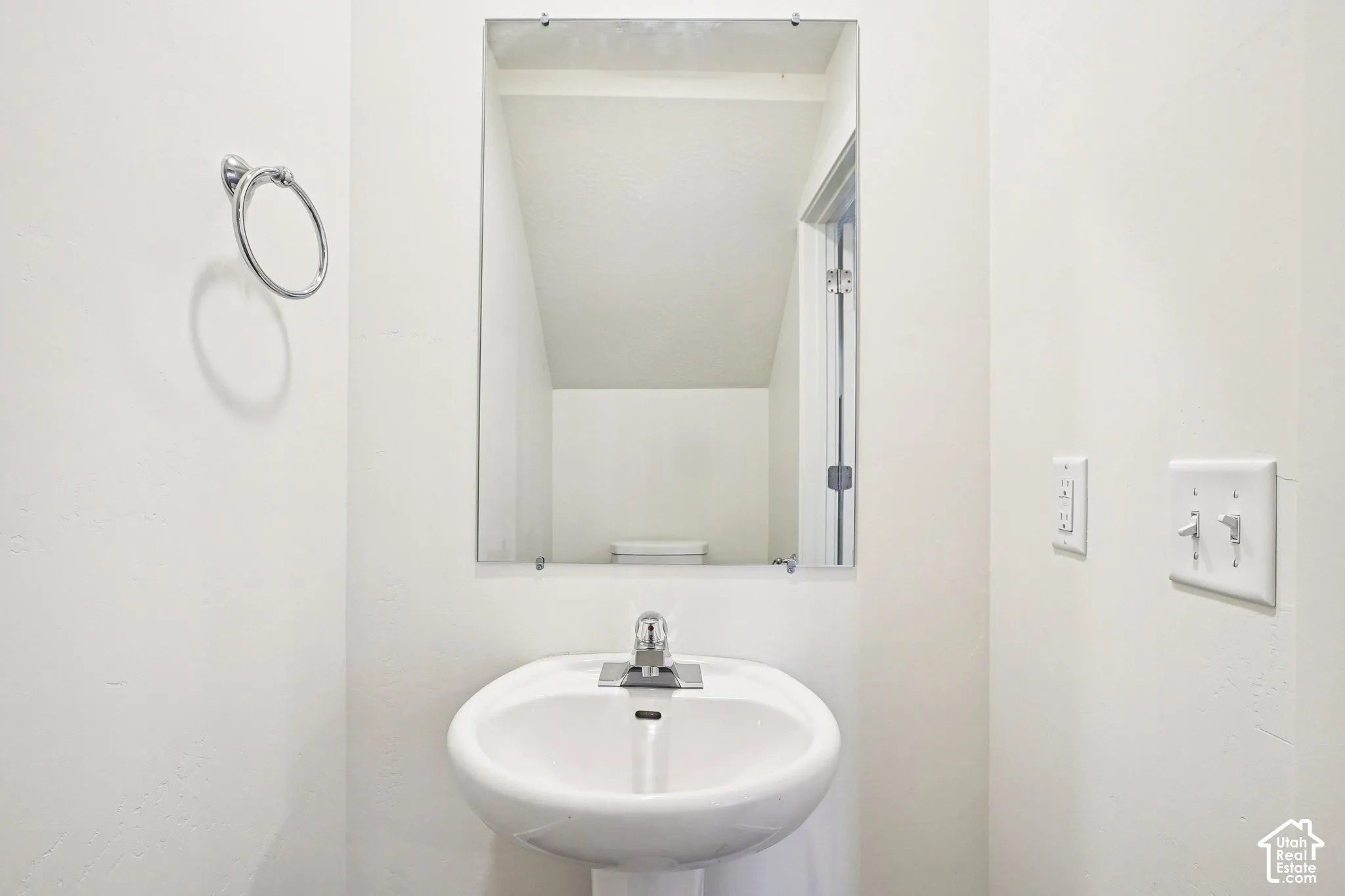 Pedestal sink with chrome-finish faucet, wall-mounted mirror, and chrome-finish towel ring