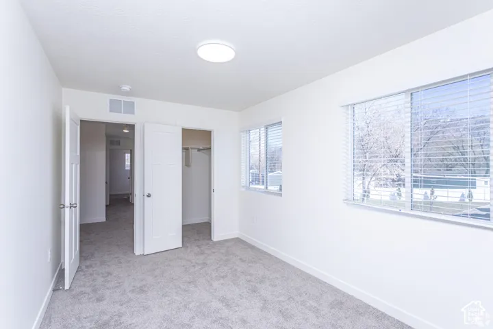 Plush grey carpeting, white interior doors, windows with blinds, built-in closet, and a flush-mount ceiling light
