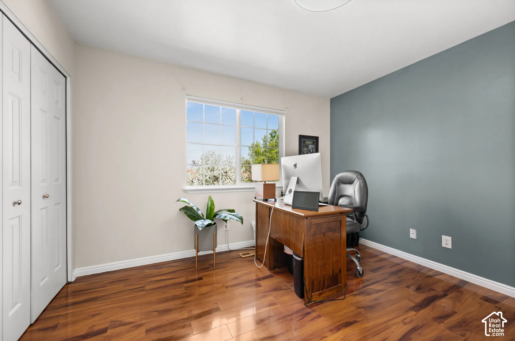 Wood-finish flooring, bi-fold closet doors, multi-pane window, and accent wall