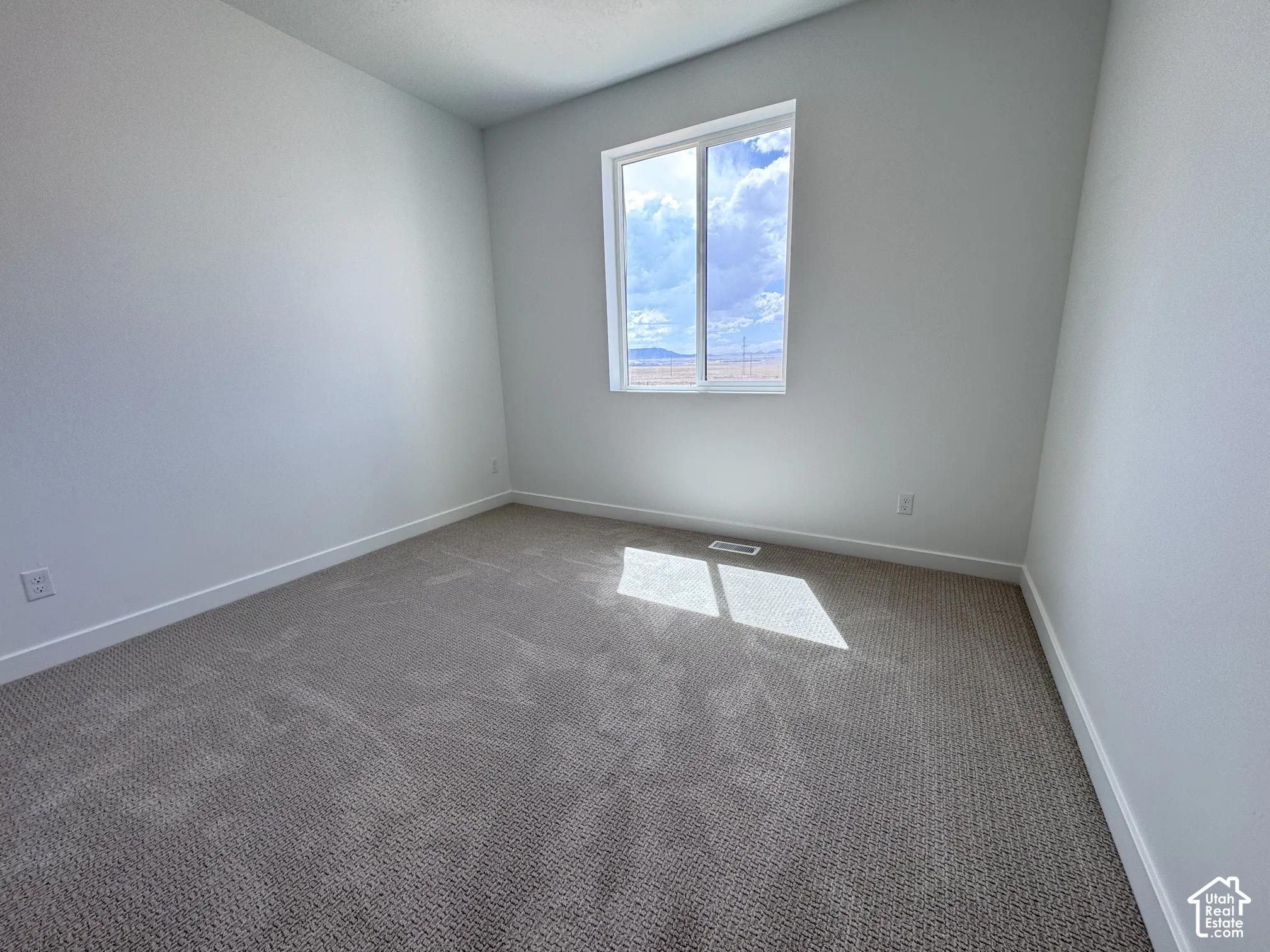 Neutral-toned carpeting, white baseboards, and a single window with a white frame