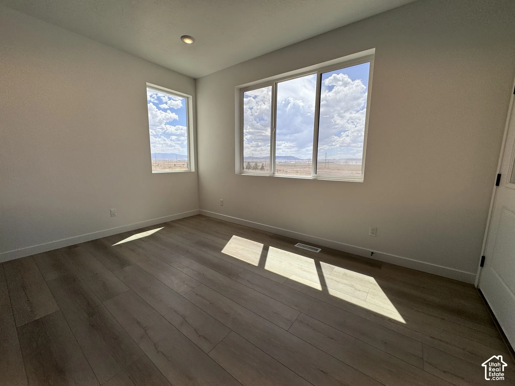 Spacious room featuring wood-finish flooring, white walls, multiple windows, and a ceiling-mounted light fixture