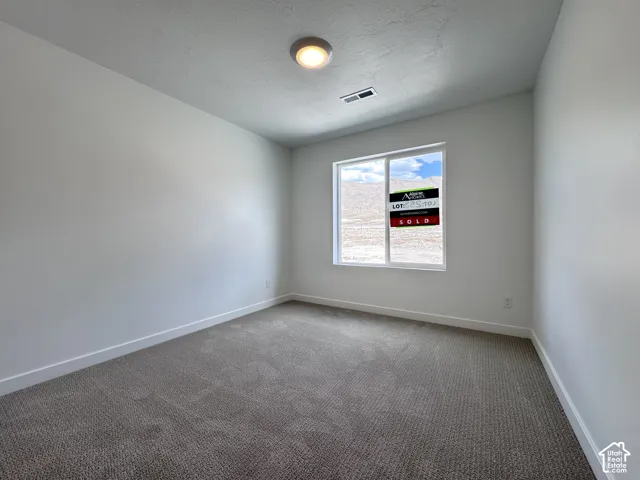 Recessed ceiling light, neutral wall palette, window with white trim, carpeting