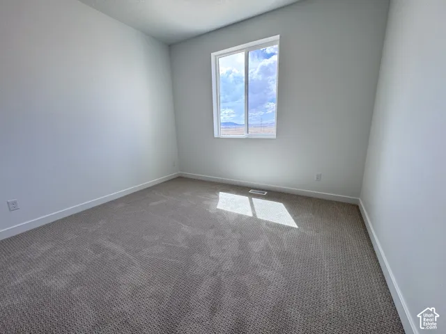 Neutral-toned carpeting, white baseboards, and a single window with a white frame
