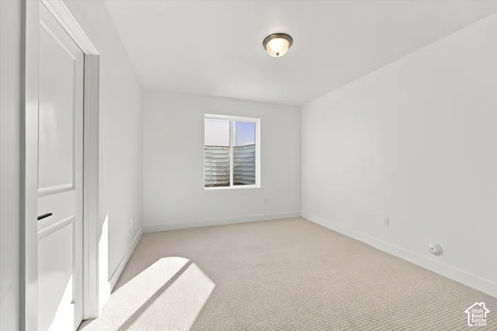 Neutral wall paint, carpet flooring, single window, flush mount ceiling fixture, and a paneled door with dark hardware