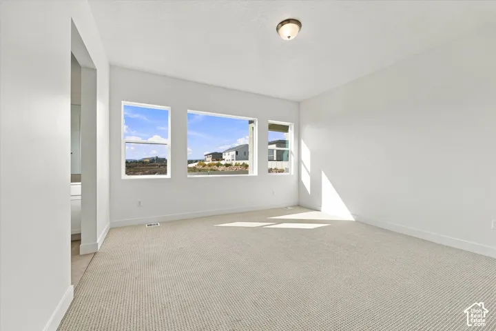Spacious room featuring multiple windows, neutral carpet, and a flush mount ceiling light