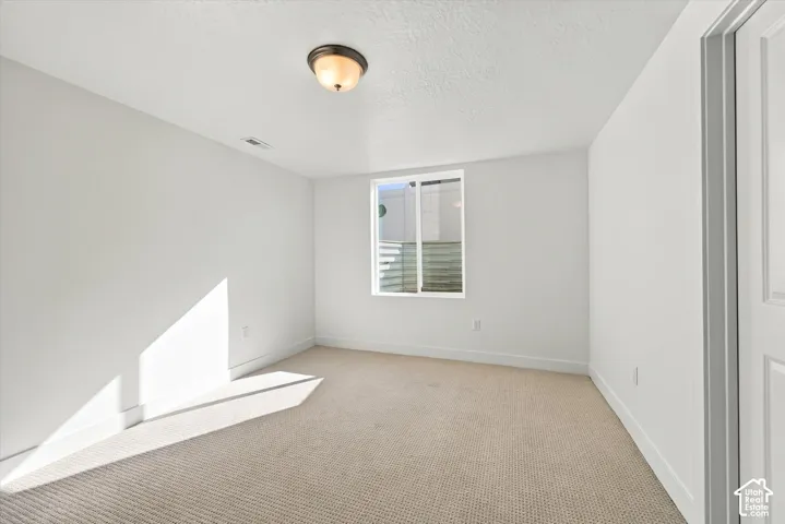 Neutral tone wall paint, flush mount ceiling light fixture, carpet flooring, window with horizontal blinds, interior door