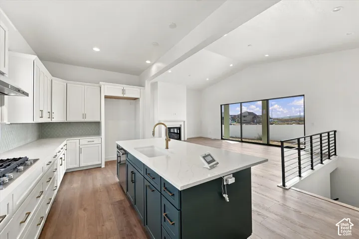 Contemporary kitchen featuring a large central island with an undermount sink, white cabinetry with gold-toned hardware, a gas range, and wood-finish flooring