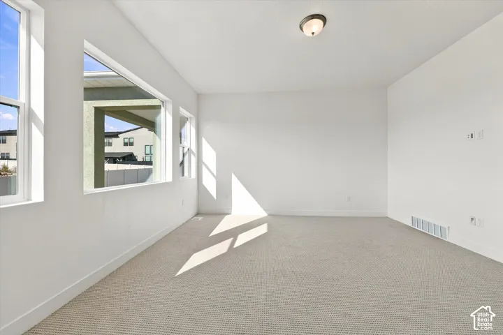 Spacious room featuring neutral carpet flooring, multiple windows, a flush-mount ceiling light fixture, and white wall finishes