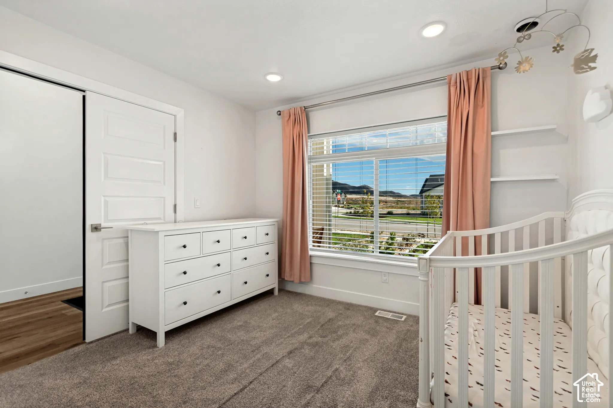 Recessed lighting, wood-finish flooring, white paneled door, built-in shelving, and large window with blinds