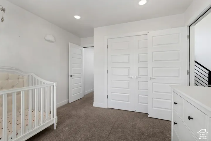 Recessed lighting, neutral carpeting, contemporary paneled doors, and white walls