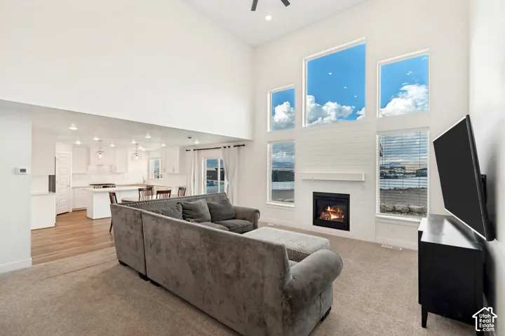 Open-concept living space featuring a two-story ceiling, gas fireplace with shiplap surround, and large multi-pane windows