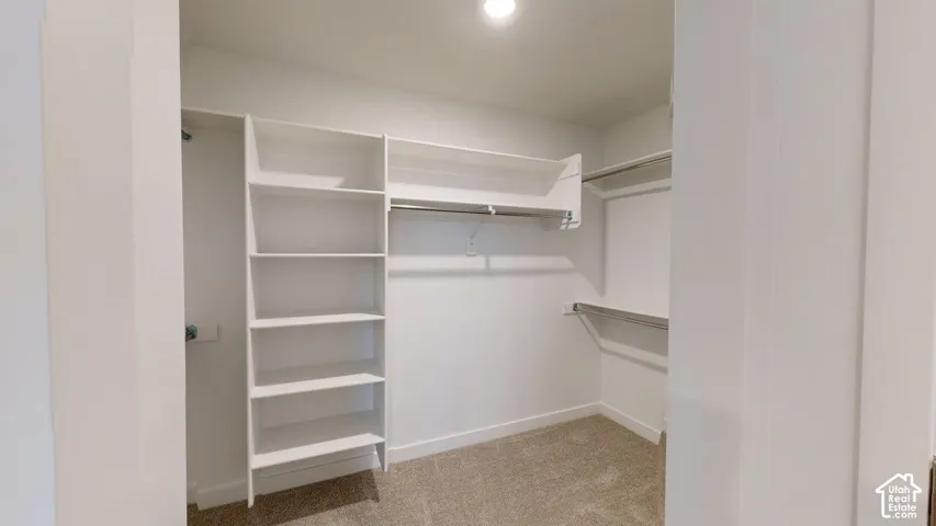 Built-in shelving, multiple hanging rods, and recessed lighting