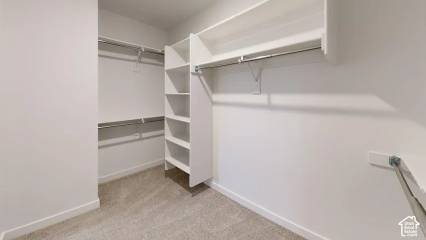 Built-in shelving, white walls, and carpeted flooring