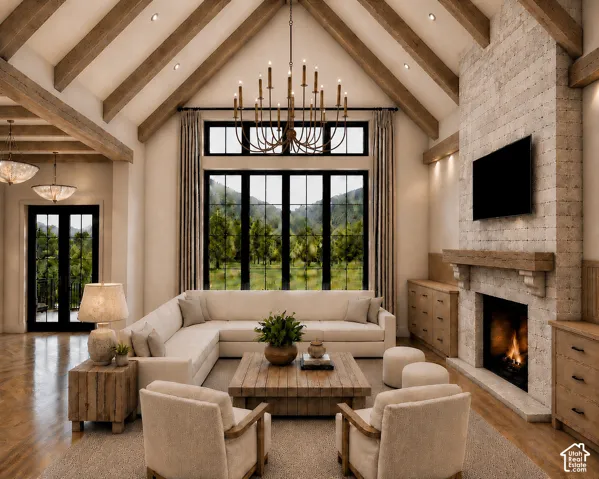Vaulted beamed ceilings, stone-clad fireplace with wood mantle, built-in cabinetry, large picture windows, and wood-finish flooring