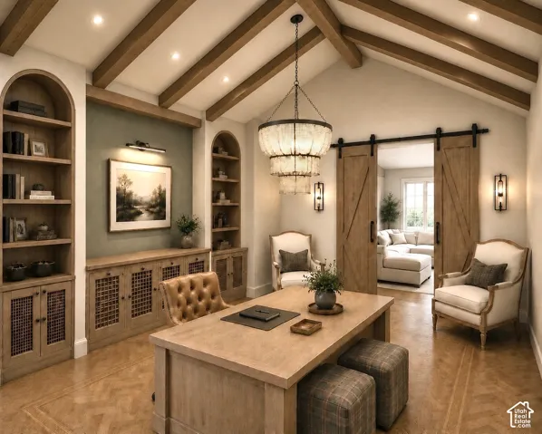 Vaulted ceiling with exposed wood beams, wood-finish flooring, custom built-in cabinetry, and sliding barn doors