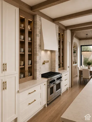 Gourmet kitchen featuring a stainless steel range, stone surround range hood, wood-finish flooring, and exposed wood ceiling beams