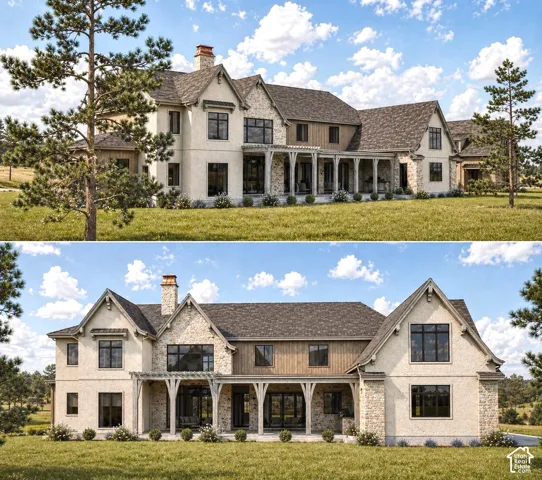 Architectural Rendering, Exterior Views. Illustrating two perspectives of the property's exterior design and landscaping