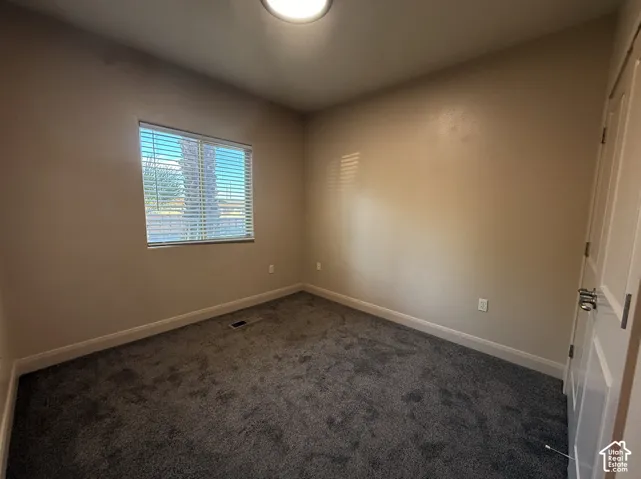 Neutral-toned walls, plush dark gray carpeting, and a window with blinds