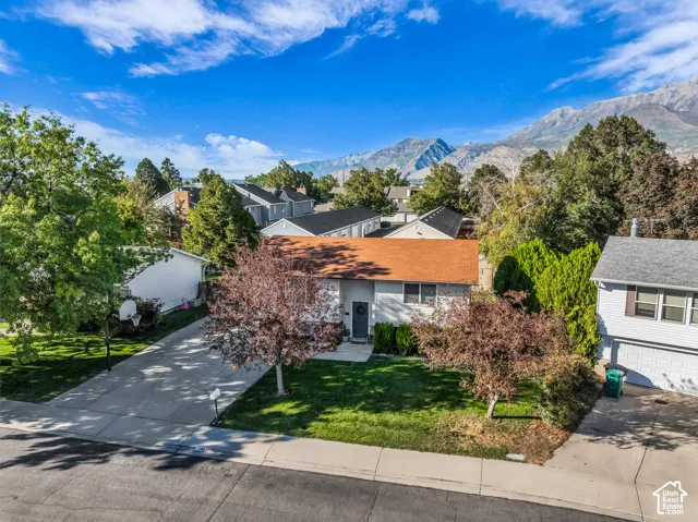 Single-story residence with an attached garage, a paved driveway, and a front yard with mature trees
