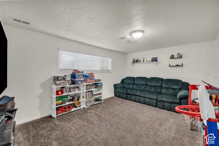 Window with horizontal blinds, flush mount ceiling light fixture, and wall-mounted shelving
