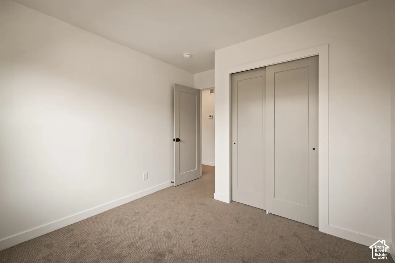 Plush carpeting, light-toned walls, and a single paneled door with dark hardware