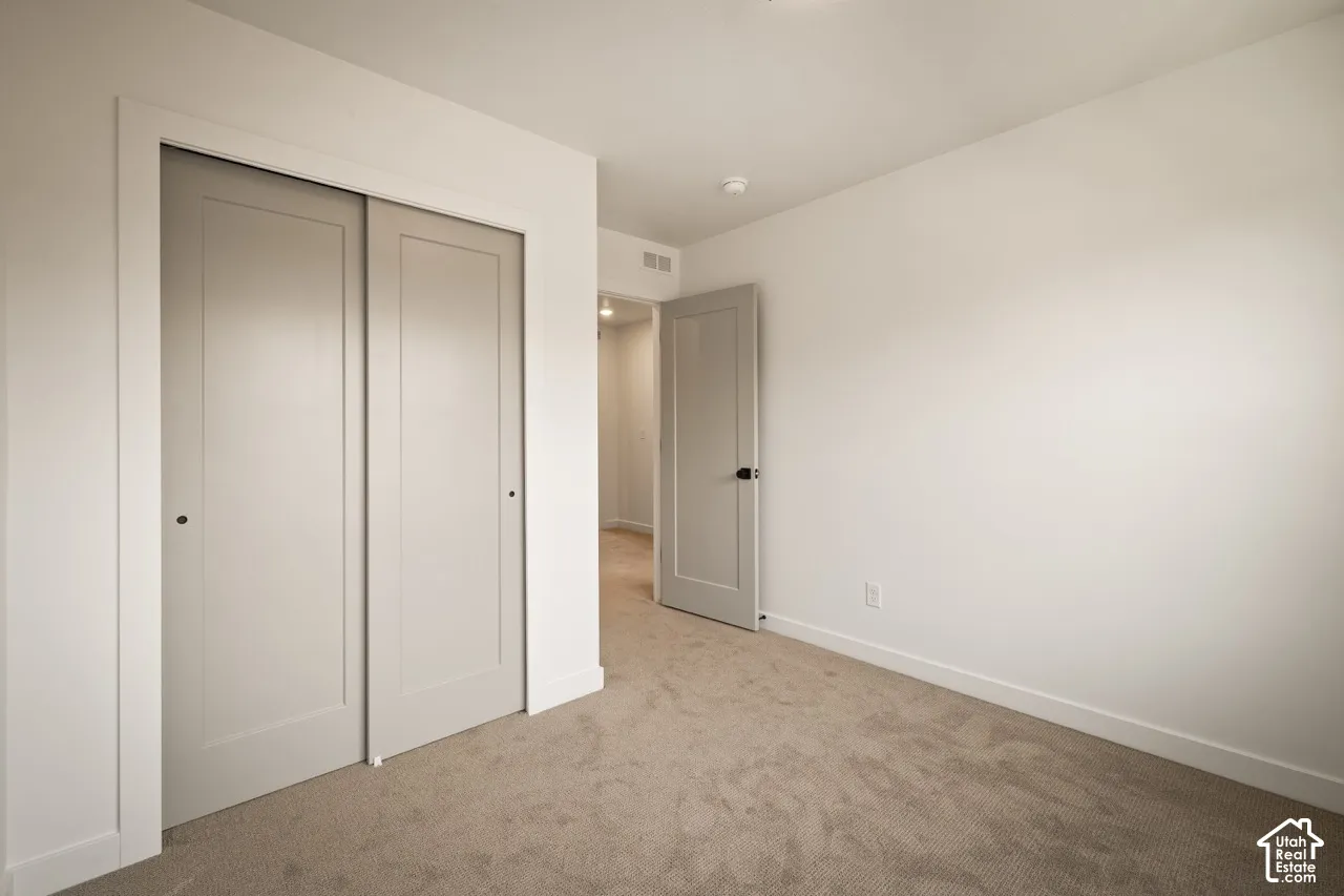 Neutral wall paint, plush carpet flooring, and a closet with sliding panel doors
