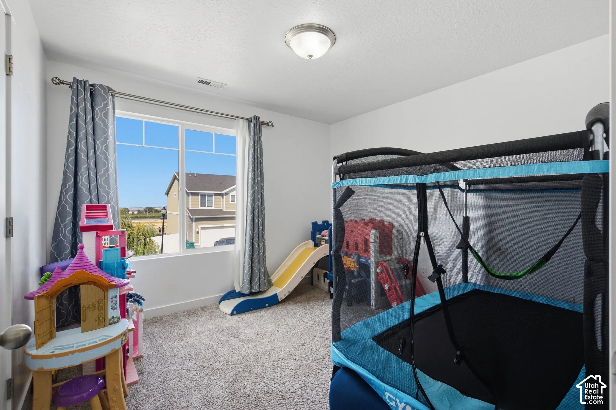 Wall-to-wall carpeting and a ceiling-mounted light fixture