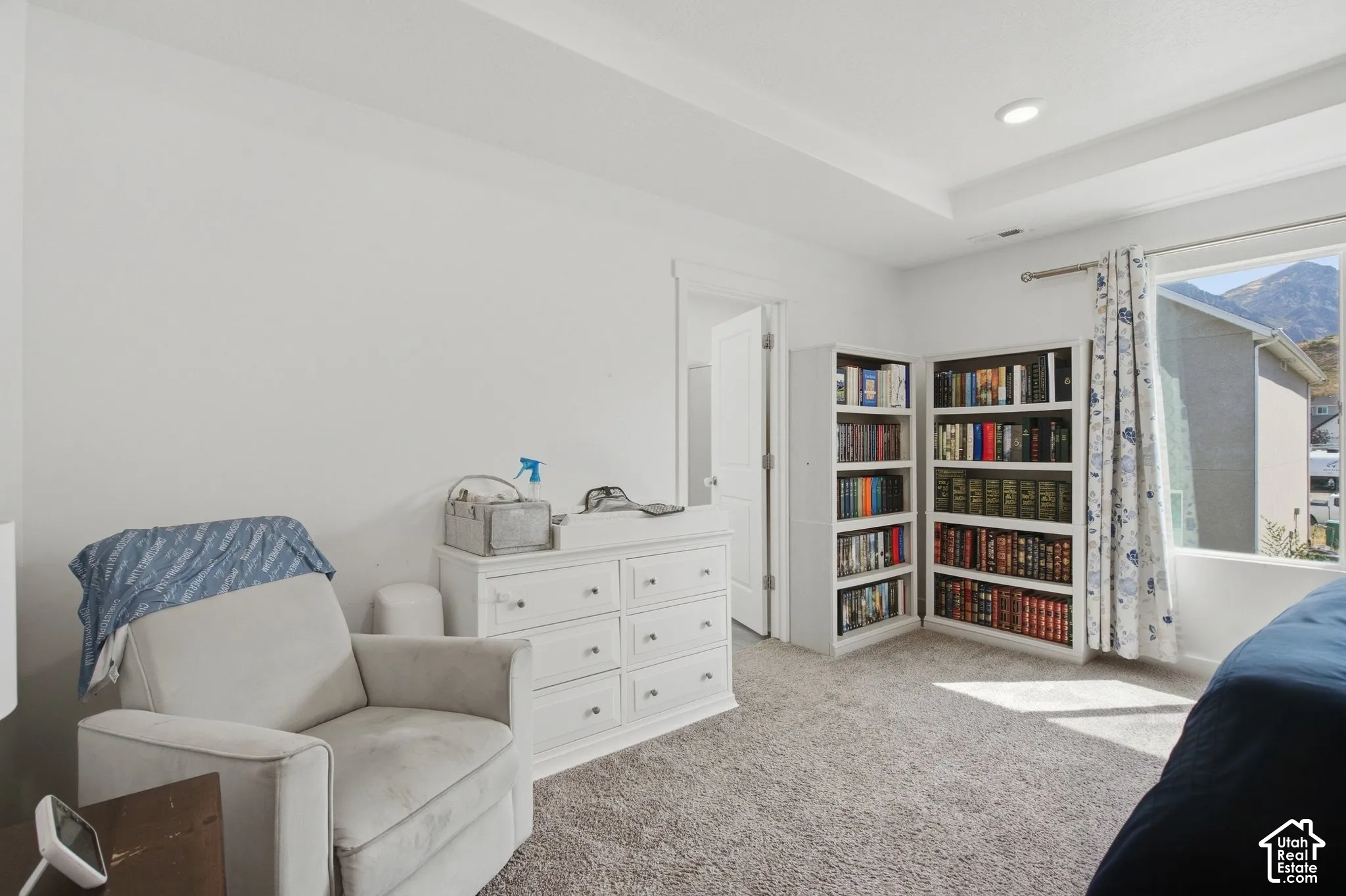 Tray ceiling, recessed lighting, white walls, carpeted flooring, built-in shelving