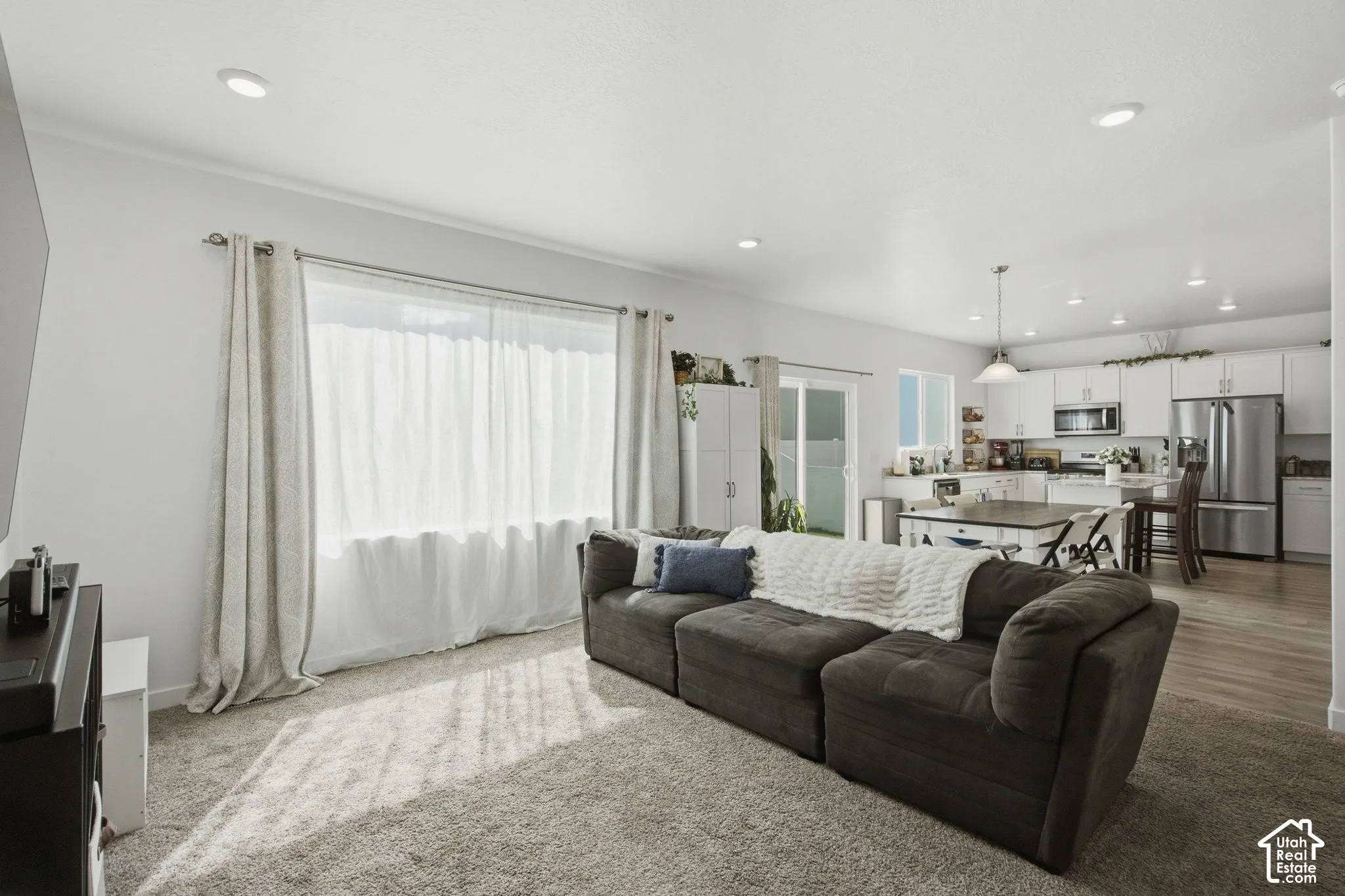 Recessed ceiling lighting, carpeted living area, kitchen with wood-finish flooring, white cabinetry, and stainless steel appliances