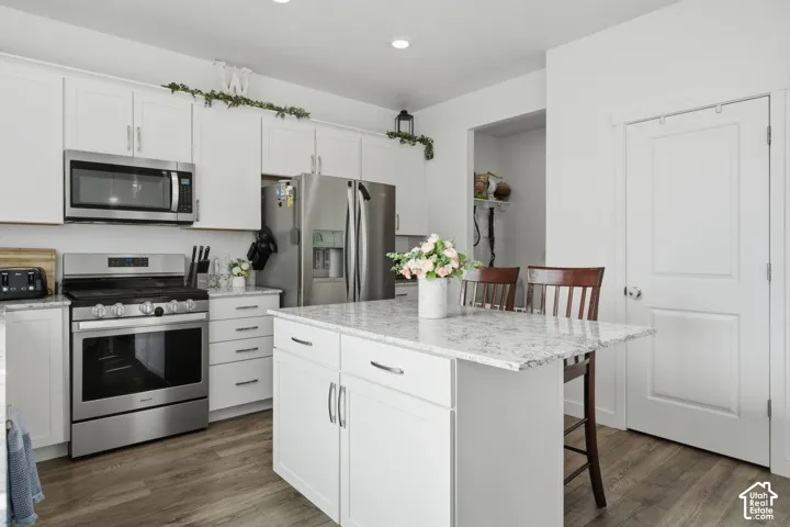 White cabinetry, stainless steel appliances, wood-finish flooring, central island with seating, and a granite-style countertop