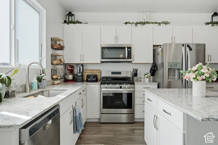 White cabinetry with stainless steel appliances