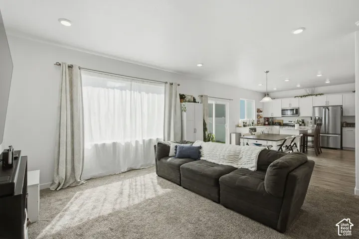 Recessed ceiling lighting, carpeted living area, kitchen with wood-finish flooring, white cabinetry, and stainless steel appliances