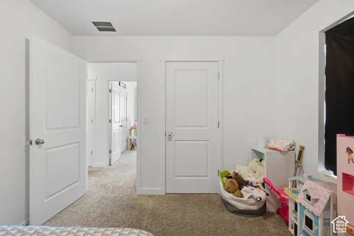 Carpeted flooring extending into the hallway, white interior doors with satin nickel hardware, and an overhead lighting fixture