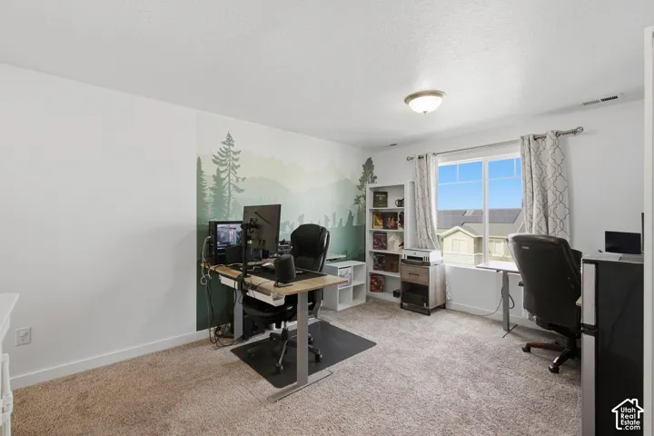 Carpeted room featuring a ceiling-mounted light fixture, a window with white trim, and a wall with a painted mural