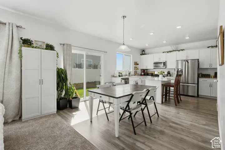 Modern kitchen with white cabinetry and stainless steel appliances, wood-finish flooring, recessed lighting, and a sliding glass door to the exterior