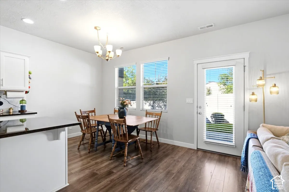 Wood-finish flooring throughout, white cabinetry with dark countertops, and a glass-paneled exterior door