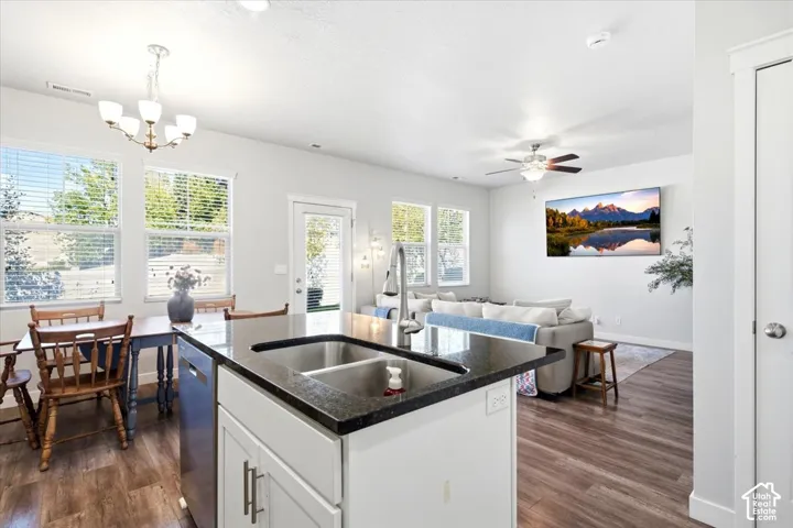 Kitchen island with a double basin sink and dark countertop