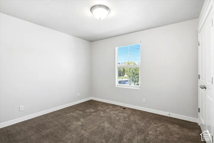 Neutral wall color, carpeted flooring, window with horizontal blinds, ceiling-mounted light fixture, and paneled interior door