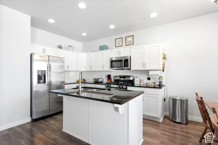 White shaker cabinetry, dark countertops, wood-finish flooring, stainless steel appliances, and recessed lighting