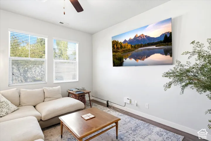 Two large windows with blinds, wood-finish flooring, and a ceiling fan