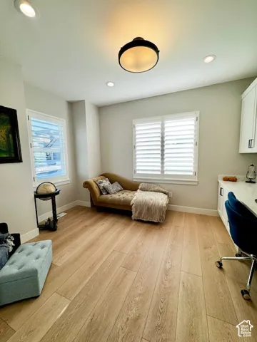 Wood-finish flooring throughout, multiple recessed lights, and a central flush-mount ceiling light